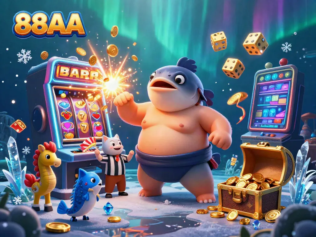 Casino thrill featuring 88AA with a fugu blowfish, catfish referee, and colorful slot elements in a lively underwater scene.