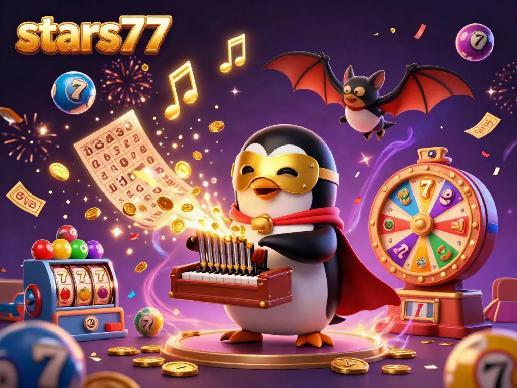 Memenangkan jackpot di slot stars77 sambil dikelilingi simbol berwarna dan atmosfer meriah.