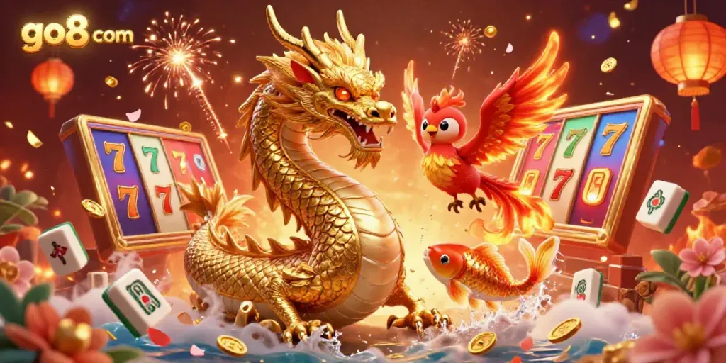 Experience the vibrant casino world with go8 com, showcasing a golden dragon and a phoenix amidst dynamic gaming elements.