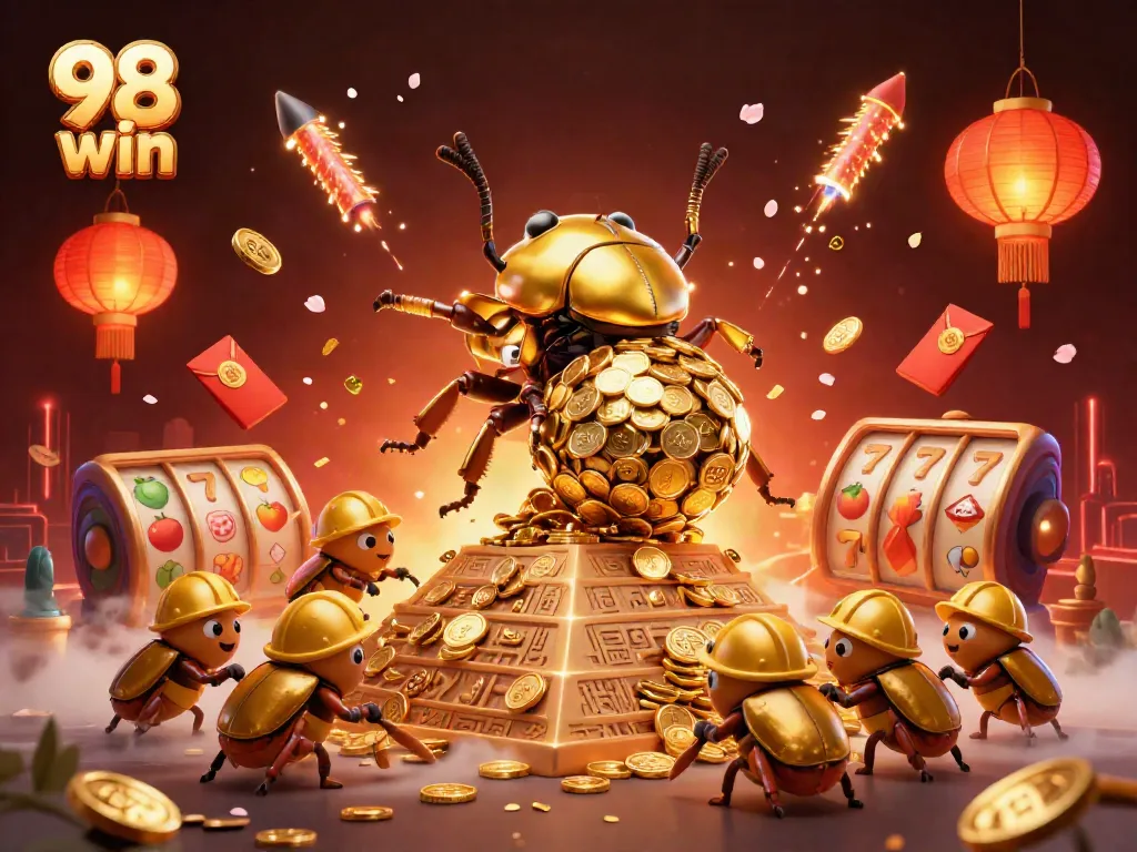 Experience exciting gameplay at 98 win with vibrant golden coins and dynamic characters.