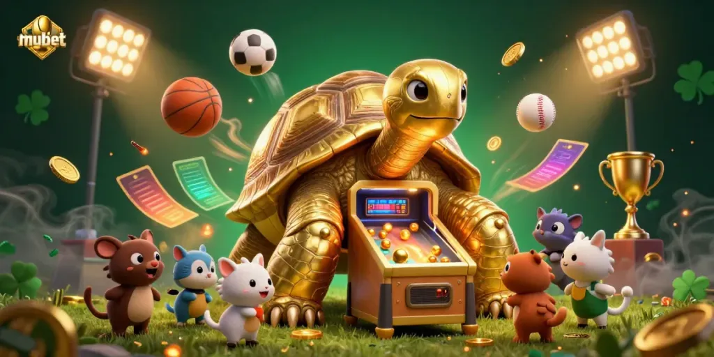 Engage in thrilling gambling action with mubet's enticing casino scene featuring vibrant cartoon figures.