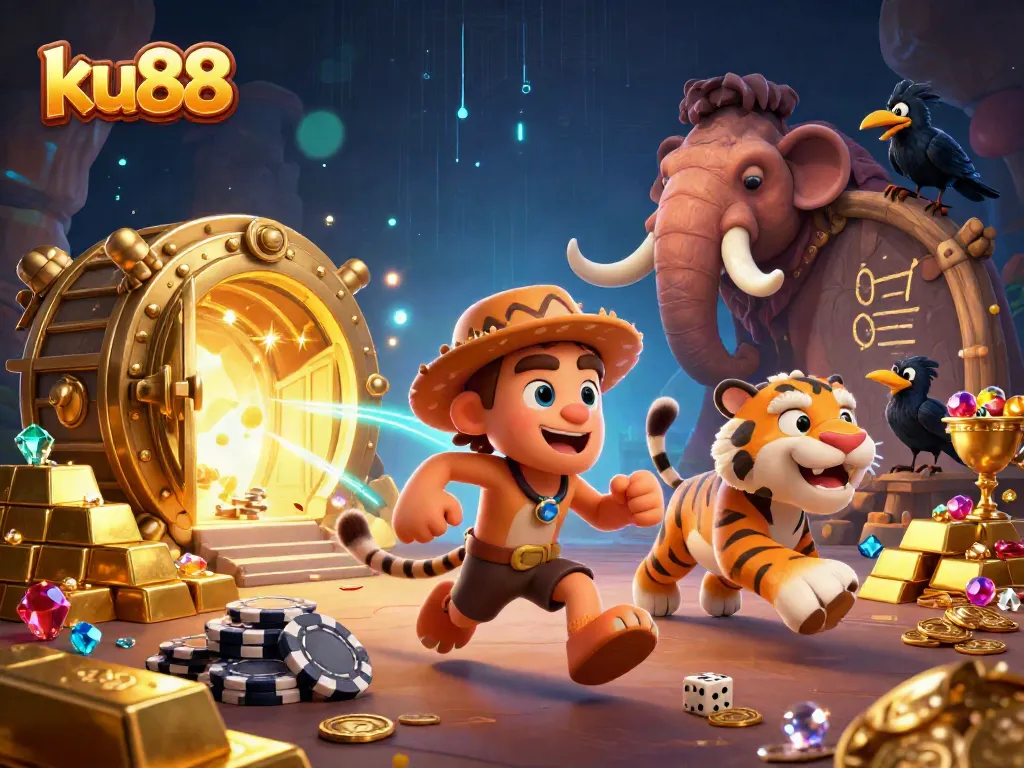Experience thrilling wins at ku88's bustling prehistoric casino with vibrant characters and treasures.