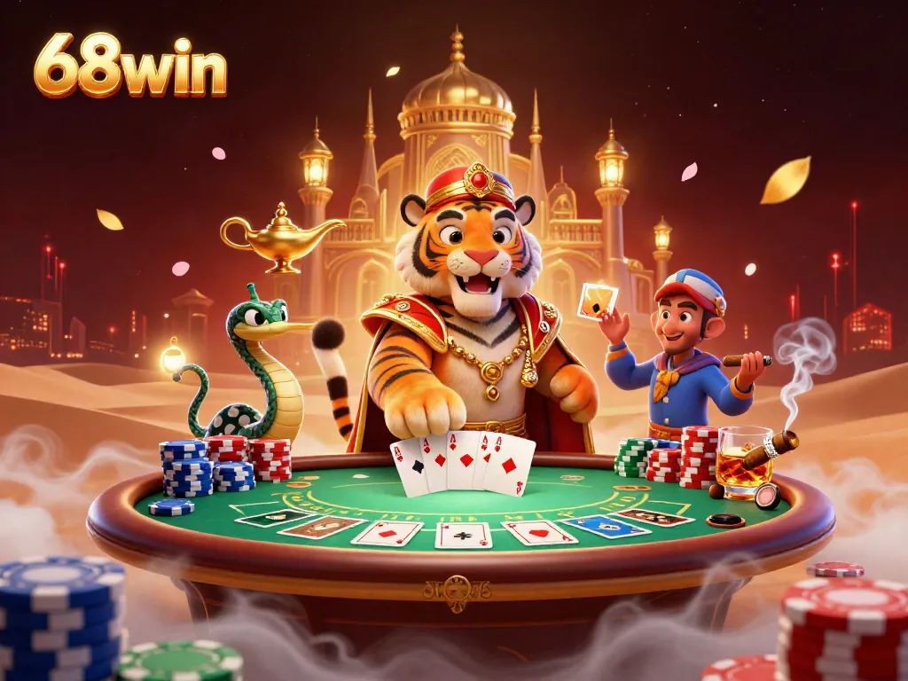 Experience the thrilling world of 68win through a vibrant 3D casino scene replete with poker elements and a tiger sultan.