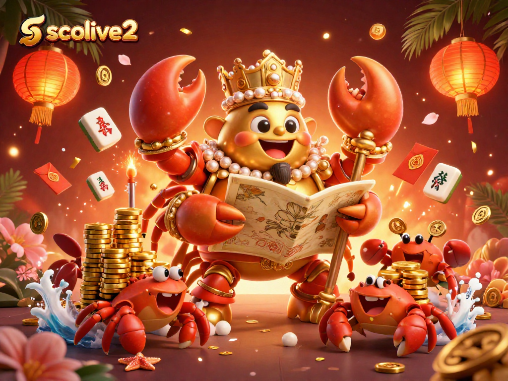 socolive2 captivates with a vibrant 3D scene of a golden crab emperor amid mahjong tiles and lanterns.