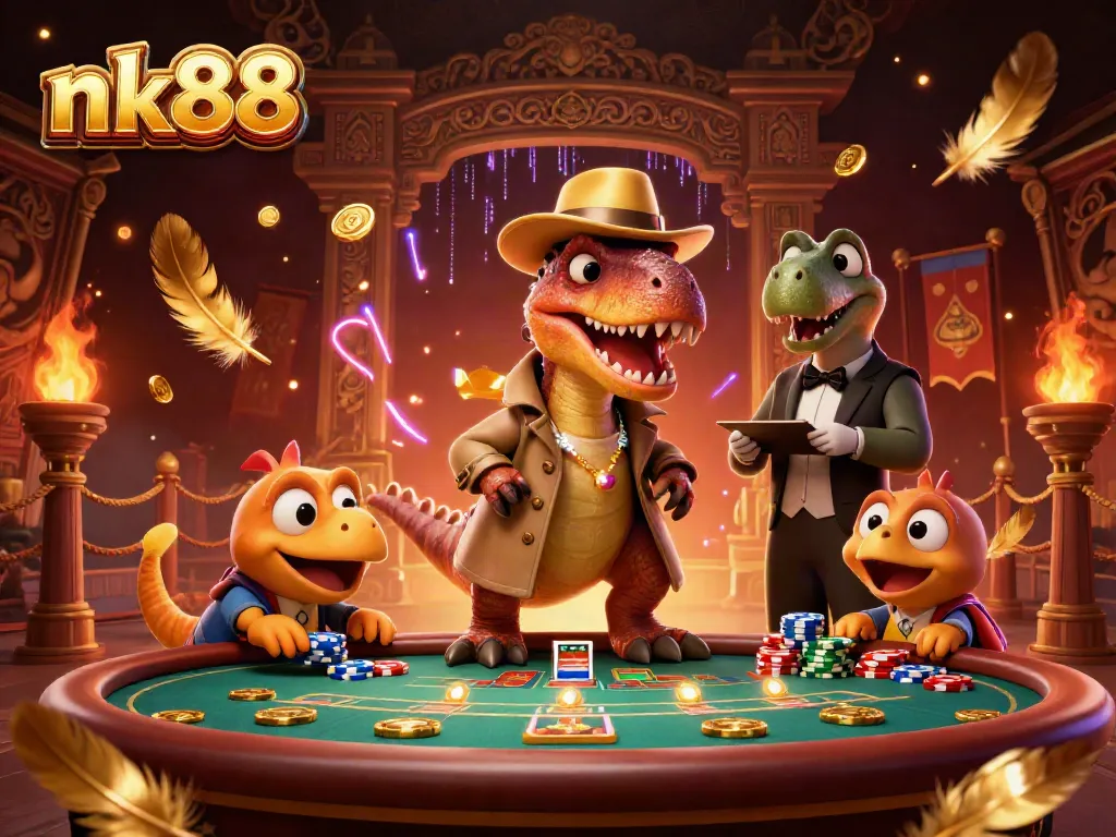 Experience nk88 gaming with a 3D velociraptor card counter at a thrilling blackjack table surrounded by action.