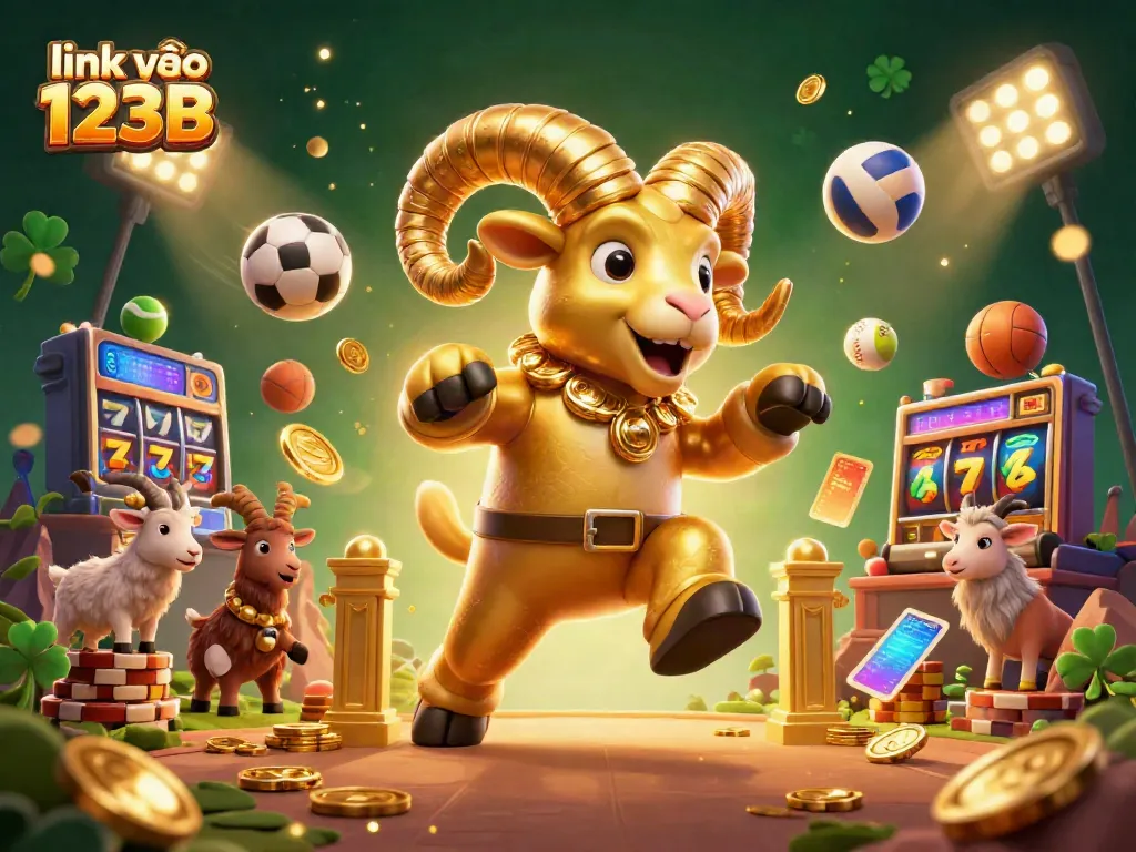 Engage in the thrill of gaming with link vào 123B alongside a golden ram and dynamic casino elements.