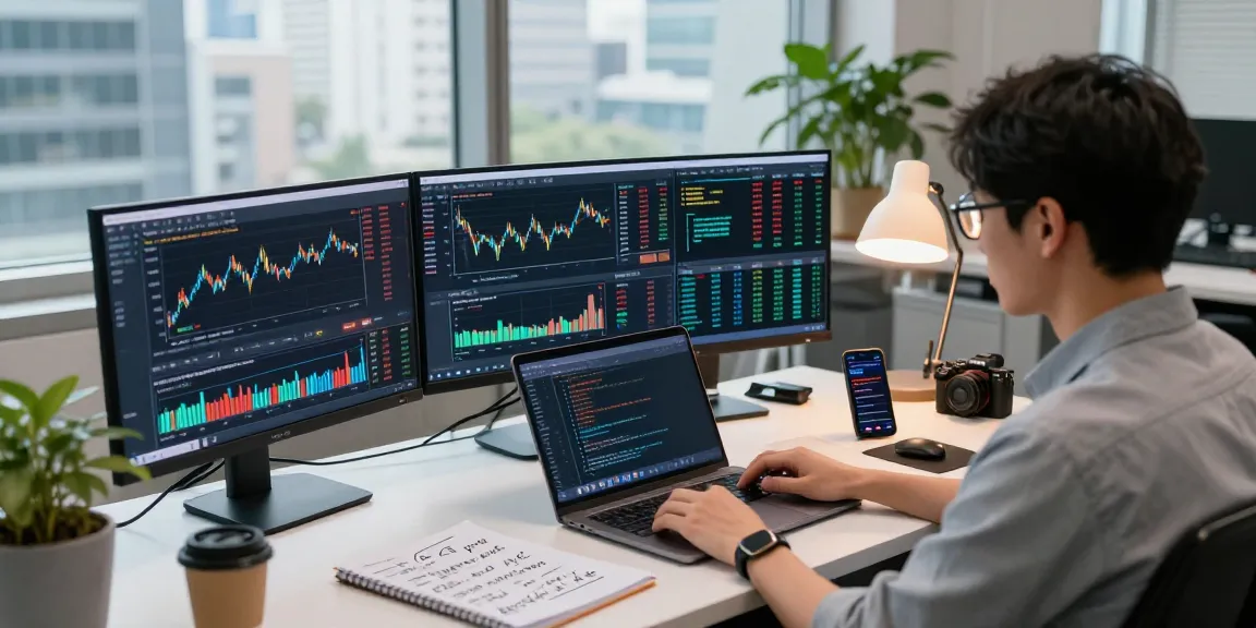 Real-time Japan stock backtesting API analysis in a modern trading workspace with developer coding and monitoring stocks.