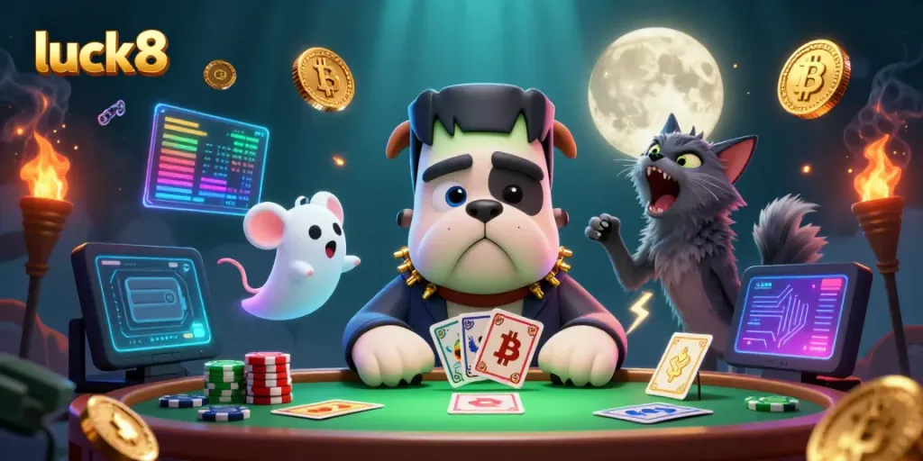 Experience electrifying gameplay at luck8 with a lively spooky casino scene featuring monster dealers and dynamic casino elements.