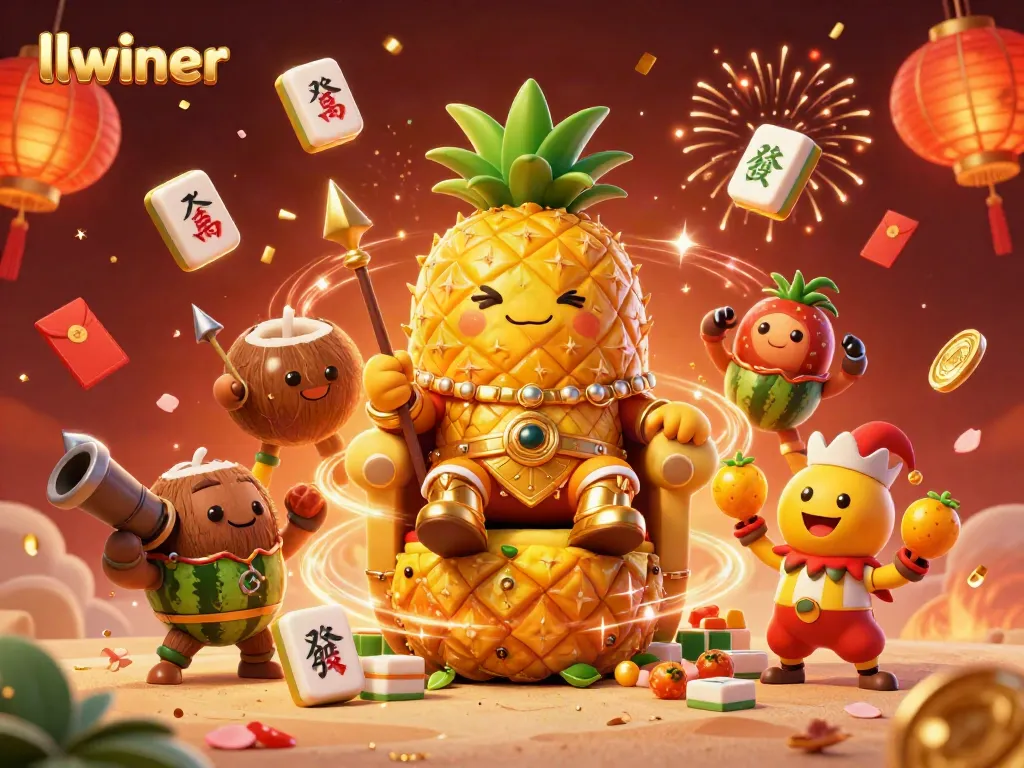 Experience the excitement of gaming with llwiner's vibrant casino-themed illustration showcasing a golden pineapple king on a fruit throne.