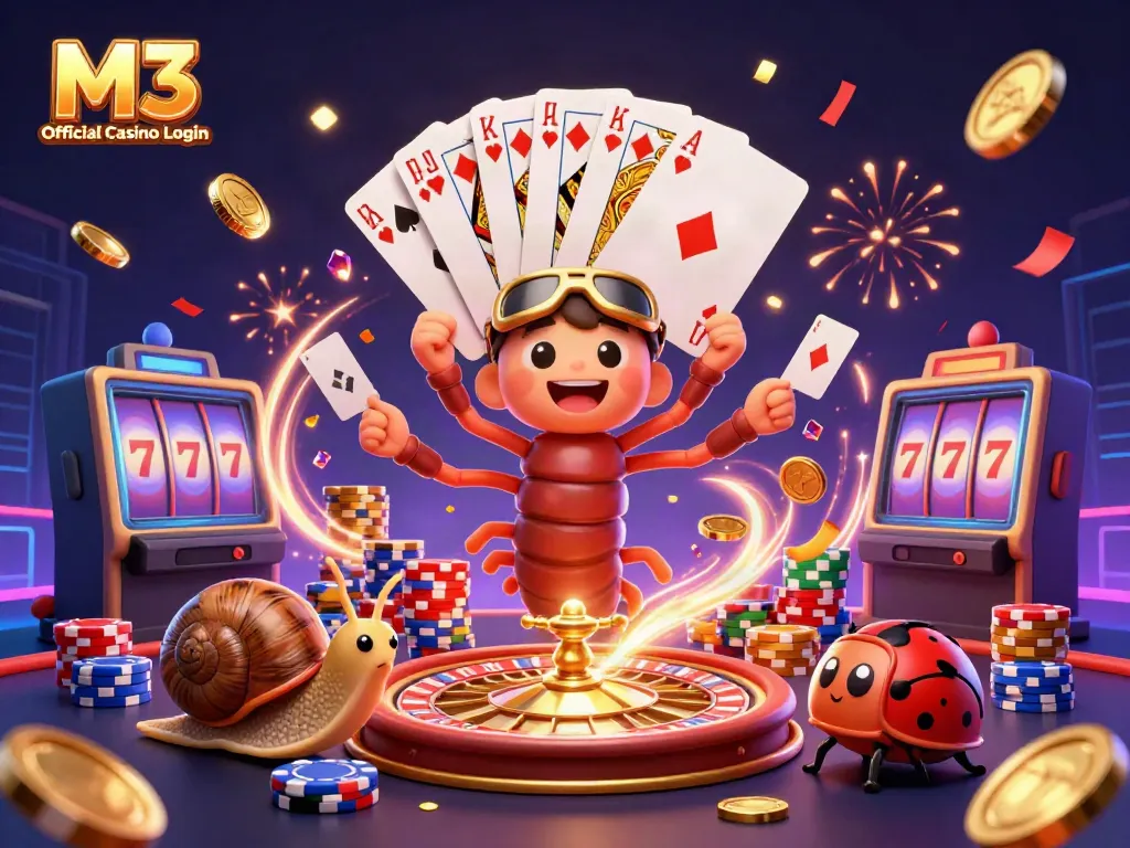 M3 Official Casino Login scene with a cartoon millipede dealer and high-roller snail amidst festive casino elements.